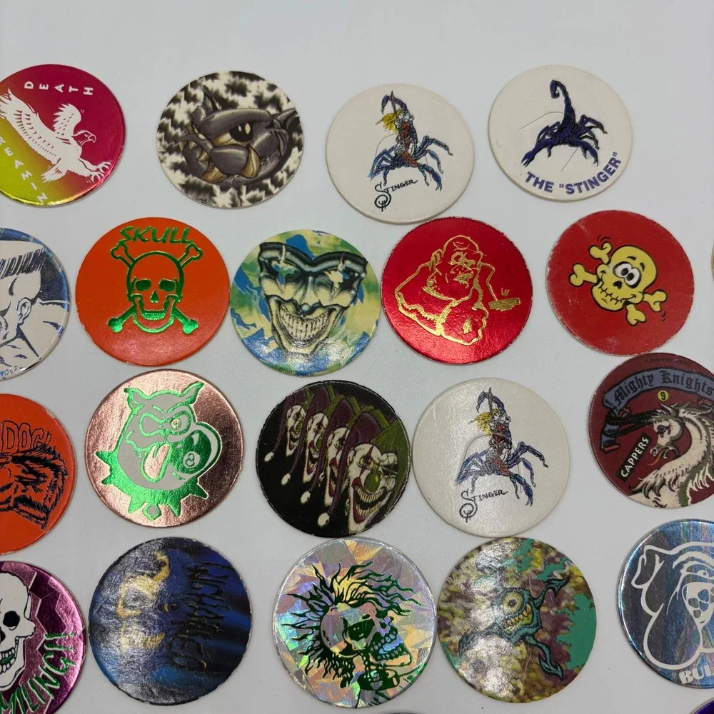 Vintage Pogs & Saw-blade Lot 53pc Skulls Poison 8-Ball 90s Games Good to Great